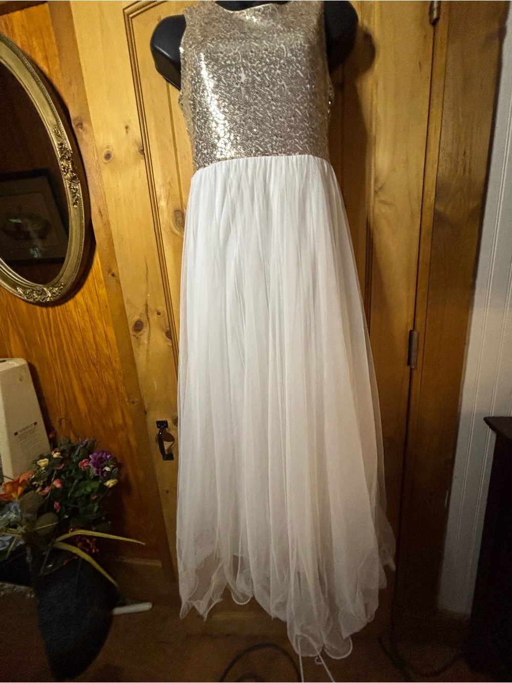 Speechless Gold Sequin Bodice White Tulle Maxi Dress